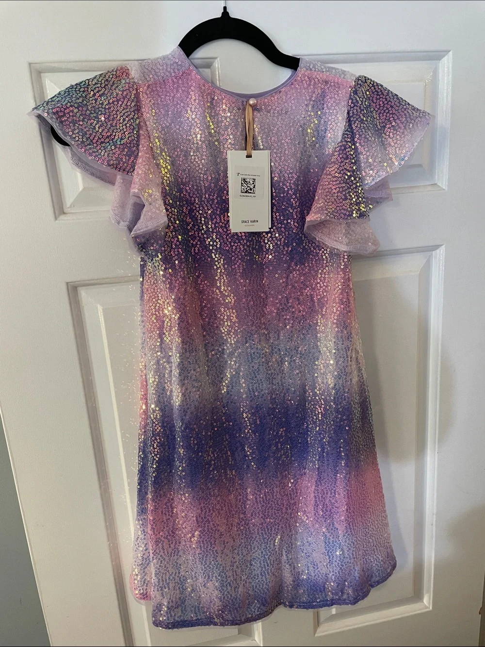 GRACE KARIN Girls Sequin Dress Short Flutter Sleeve Flare Silhouette Midi Dress